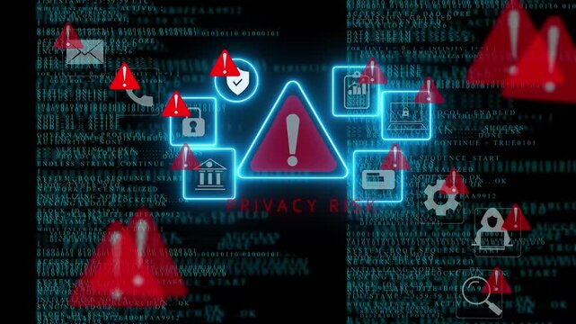 Intense red digital screen with programming code and a stark red warning triangle symbol, overlaid with aggressive glitch effects signifying a critical system malfunction or security