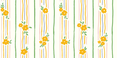 Seamless pattern with freehand ink doodle abstract yellow flowers. Trendy floral vertical stripe background. Hand drawn vector illustration. Boho, cottage core, retro wallpaper. © Radiocat