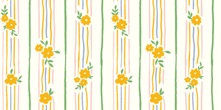Seamless pattern with freehand ink doodle abstract yellow flowers. Trendy floral vertical stripe background. Hand drawn vector illustration. Boho, cottage core, retro wallpaper.