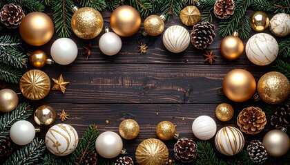 view of elegant golden and white Christmas ornaments, 