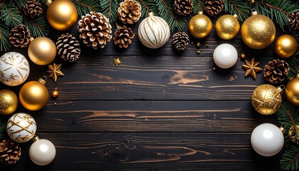 view of elegant golden and white Christmas ornaments, 