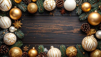 view of elegant golden and white Christmas ornaments, 