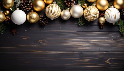 view of elegant golden and white Christmas ornaments, 