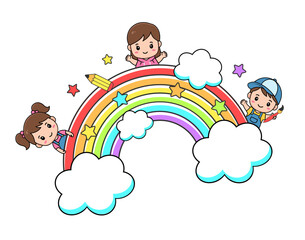 Joyful children playing around rainbow with clouds and stars, a colorful illustration for education material and children content. 