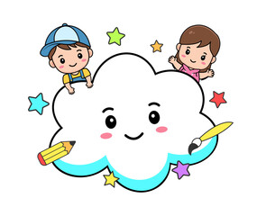 Joyful children playing around cloud with stars, a colorful illustration for education material and children content. 