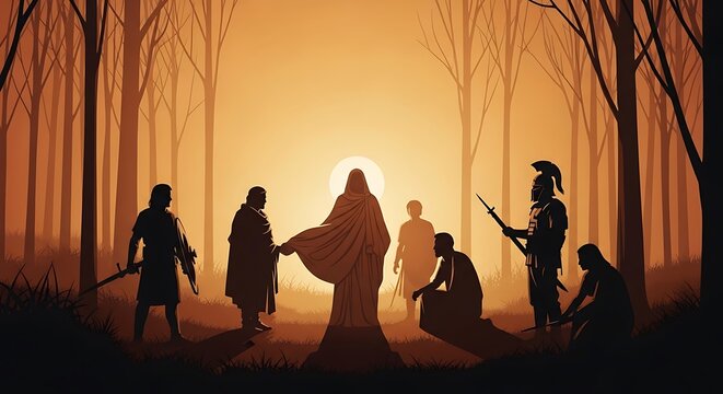 Enigmatic gathering of robed figures in a mystical forest bathed in ethereal sunlight