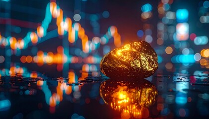 glowing Bitcoin resting on a reflective black glass surface, 