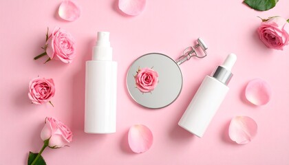 luxury skincare bottles, scattered pink rose petals, 