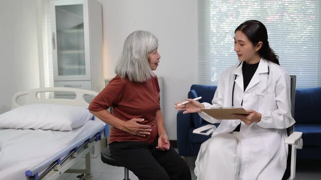 Doctor examining an elderly patient's abdomen. Professional female physician consulting an older woman with abdominal pain, palpating the stomach during a medical examination in a clinic.