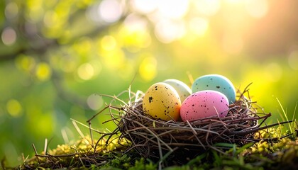 colored easter eggs resting in a nest made of twigs, soft bright 