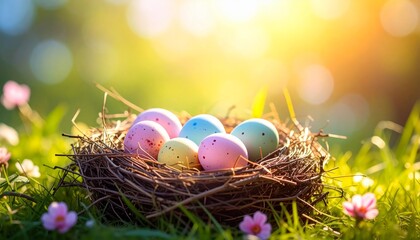 colored easter eggs resting in a nest made of twigs, soft bright 