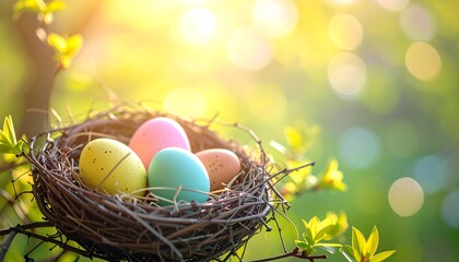 colored easter eggs resting in a nest made of twigs, soft bright 