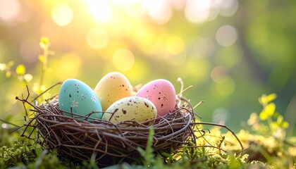 colored easter eggs resting in a nest made of twigs, soft bright 