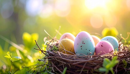 colored easter eggs resting in a nest made of twigs, soft bright 
