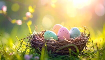 colored easter eggs resting in a nest made of twigs, soft bright 