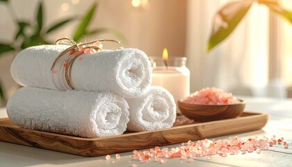 soft white spa towels, a lit aroma candle, and pink himalayan bath 