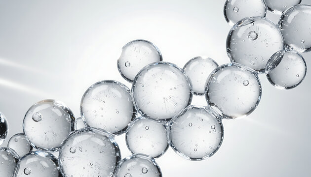 Close-up of numerous transparent liquid spheres with trapped air bubbles, showcasing a clean, abstract scientific or cosmetic texture