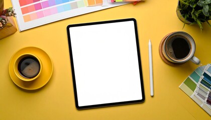 flat lay of a designer workspace, digital tablet, 