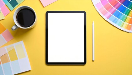 flat lay of a designer workspace, digital tablet, 