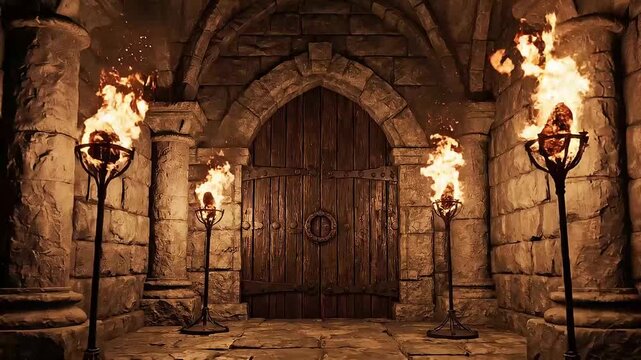 Mysterious ancient stone corridor with flickering torches and imposing wooden doors cinematic fantasy dungeon