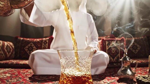 Arab Man Pouring Traditional Tea in Authentic Majlis Setting