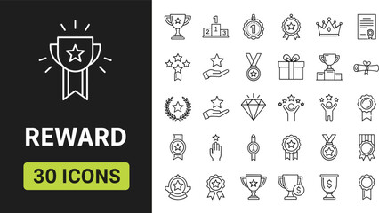 Fototapeta premium Premium reward and achievement line icons set featuring trophy cups medals stars winner podium crowns diamond and certificate symbols.