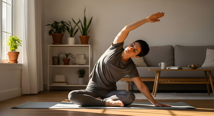 Naklejka premium A focused individual performing a seated side bend exercise in a sunlit living room with plants in the background