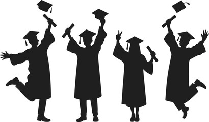 Black vector silhouette set of happy graduating students jumping and cheering with diplomas and mortarboards for university commencement and academic success branding