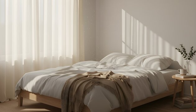 Serene Master Bedroom Interior with Double Bed and Warm Sunlight