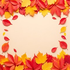 Obraz premium A vibrant autumnal border of red and yellow leaves surrounds a blank space. isolated on white background