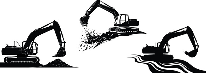 Black vector silhouette set of heavy hydraulic excavators working on construction sites moving soil and digging for industrial engineering building and earthmoving branding © Ziyarul