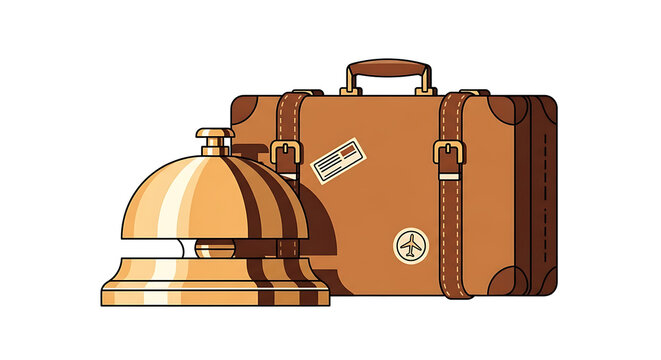 Traveler's luggage and hotel bellhop bell on a white background