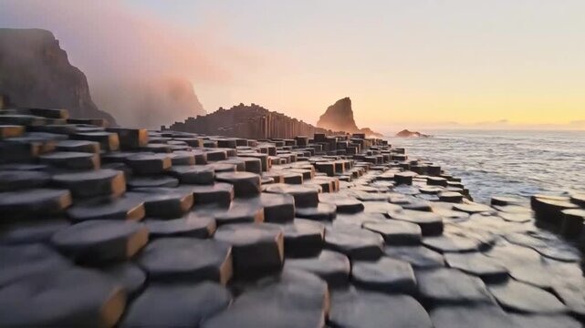 Cinematic aerial drone footage of Giant's Causeway basalt columns in Northern Ireland at sunrise with ocean waves crashing
