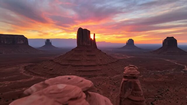 Cinematic aerial flight over red sandstone formations in monument valley park at sunset with vibrant orange clouds and sunlight