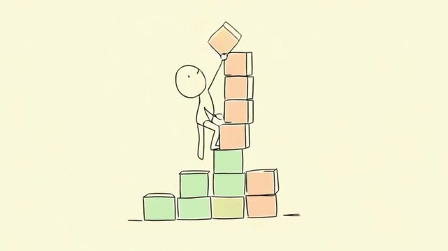stick figure stacking blocks success growth personal development learning progress, simple line character building colorful cube tower step by step achievement concept, education motivation goal setti