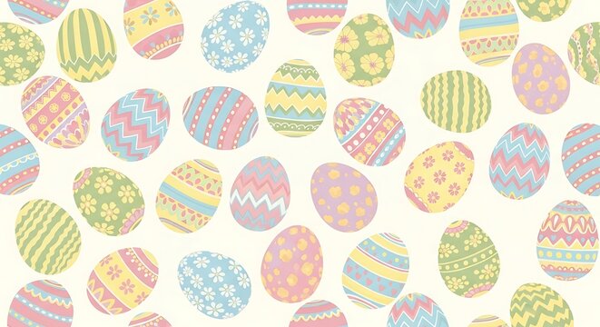 Collection of colorful easter eggs with diverse patterns displayed on a plain background from a top view