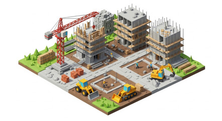 3D Construction Site with Buildings and Crane.