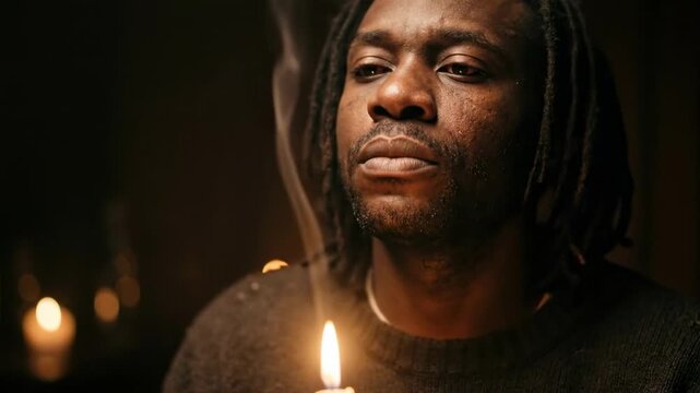 black man with dreads. A contemplative man with dreadlocks sits in a dimly lit room, gazing thoughtfully as a lit candle's flame flickers in front of him, casting warm shadows