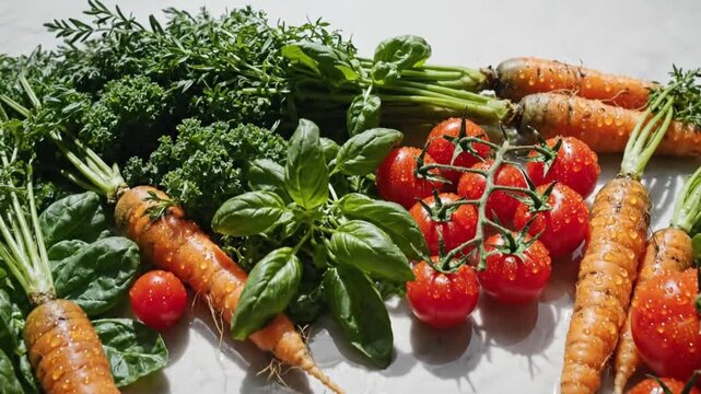 Flat lay arrangement of raw fresh vegetables including tomatoes, leafy greens, carrots, and herbs on a clean light stone surface
