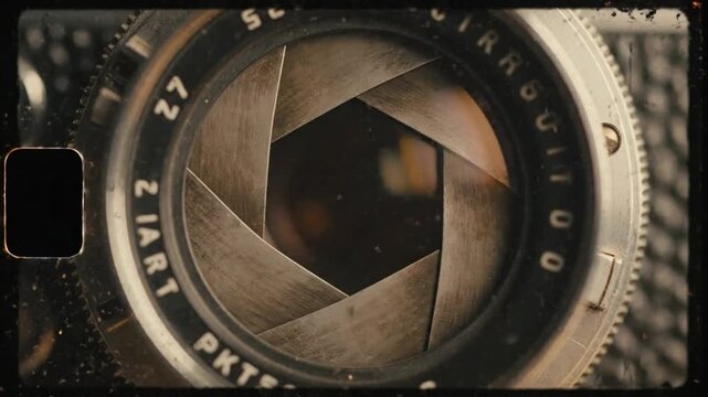 camera lens aperture close-up, vintage photography, optical element, focus