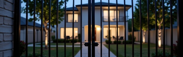 Modern house illuminated at dusk behind black iron fence with trees on the lawn.