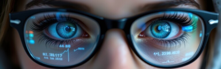 Close-up of blue eyes with digital data reflected in black-framed glasses.