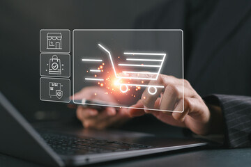 Online shopping concept with businessman using smartphone and credit card to purchase from ecommerce store, highlighting online business, convenience, secure payment, and competitive pricing.