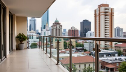 Fototapeta premium Spacious balcony with glass railing overlooking a cityscape with tall buildings and greenery.