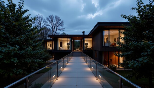 Modern house with glass walkway lit at dusk surrounded by trees and blue sky with clouds