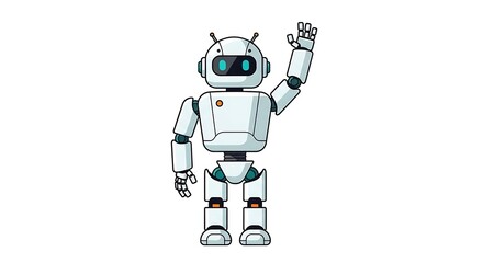 Fototapeta premium A robot waves its arm in a friendly gesture on a white background