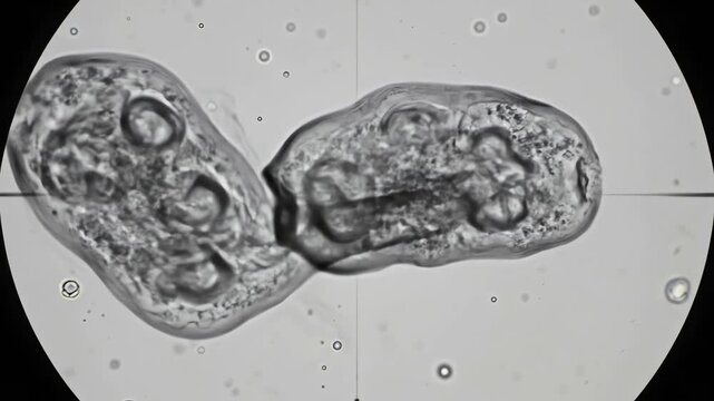 Intricate protist under microscope showing detailed cellular structures and pseudopods in motion, illustrating amoeboid movement and biological processes in a microscopic world, scientific research