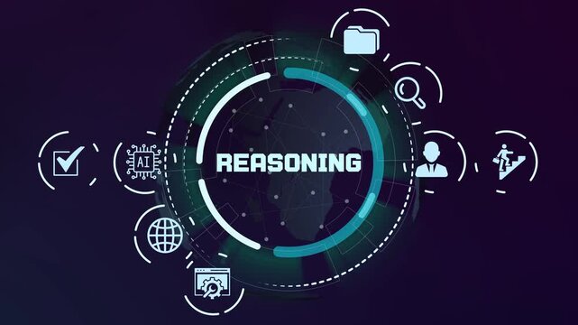  Artificial intelligence reasoning and logical processing concept with glowing brain icons and futuristic technological network.
