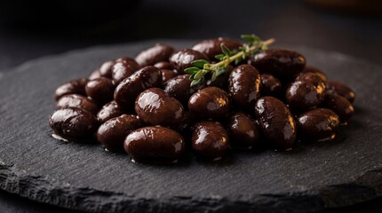 Obraz premium A close-up captures a pile of rich black beans, perfectly cooked and glistening, artfully arranged on a dark, textured slate, demonstrating the essence of gourmet.