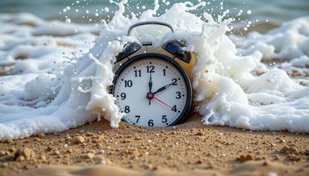 Alarm clock on the beach being splashed by ocean foam waves at sunrise or sunset.